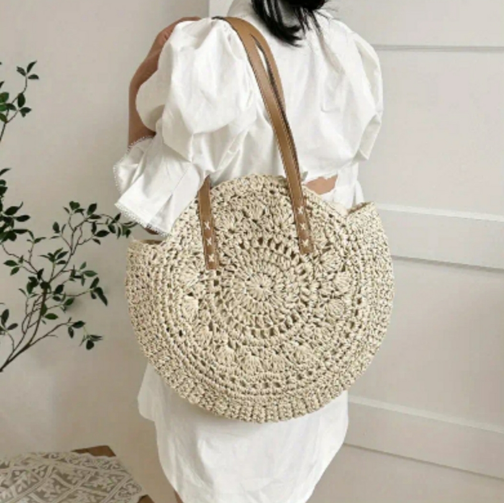 Straw Woven Tote Bag Double Handle Creamy White - Picture 3 of 9